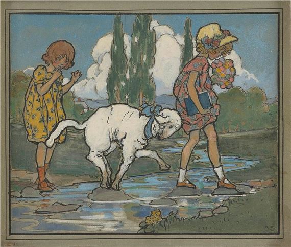 Two girls and their sheep crossing a stream - Jessie Willcox Smith