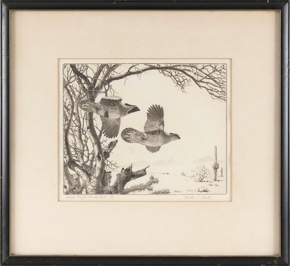 A detailed monochromatic print capturing two birds in flight over a sparse desert landscape.