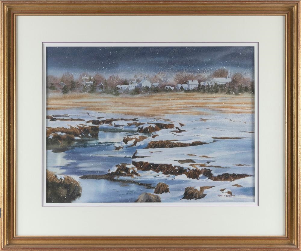 Artwork by Karol B. Wyckoff, Cape Cod village from across a snowy marsh, Made of Watercolor On Paper