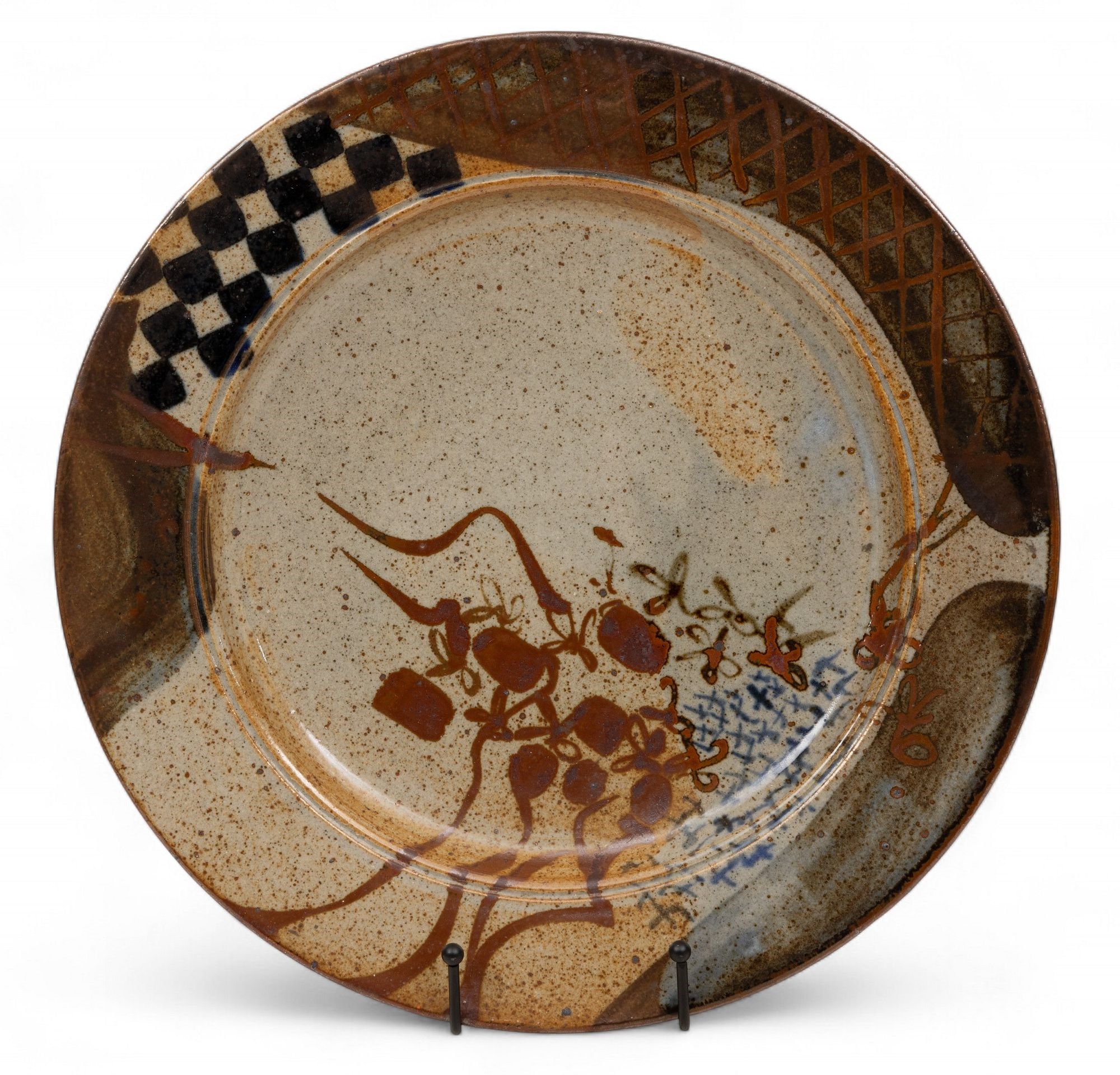 Artwork by John Glick, Plum Tree Pottery Charger, Made of elements: checks, cross hatch, free flow and base glaze