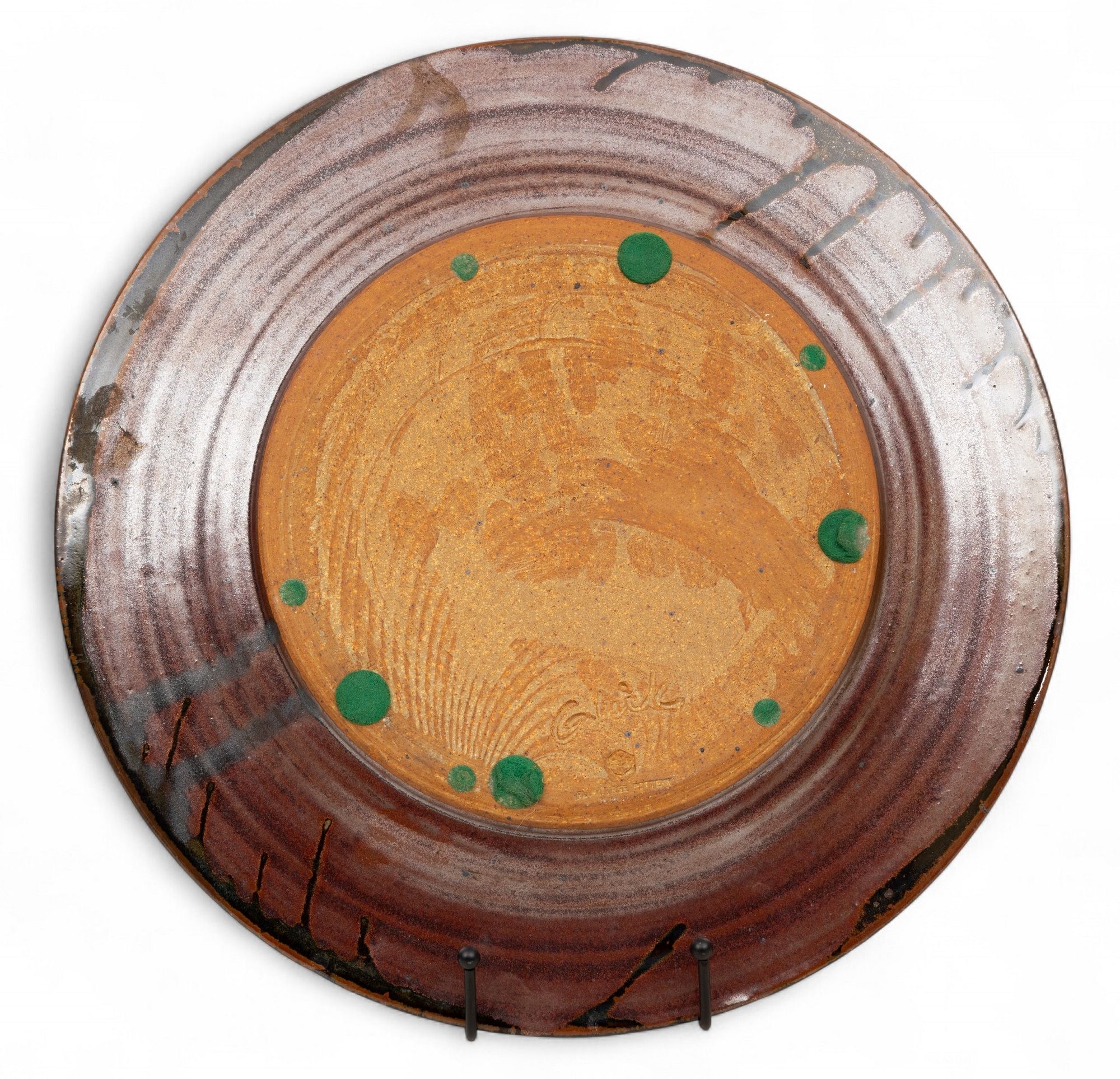 Artwork by John Glick, Plum Tree Pottery Charger, Made of elements: checks, cross hatch, free flow and base glaze