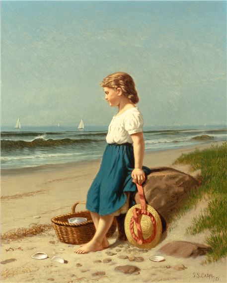 A young girl stands on a sandy beach holding a hat, with a picnic basket nearby and sailboats in the distance.