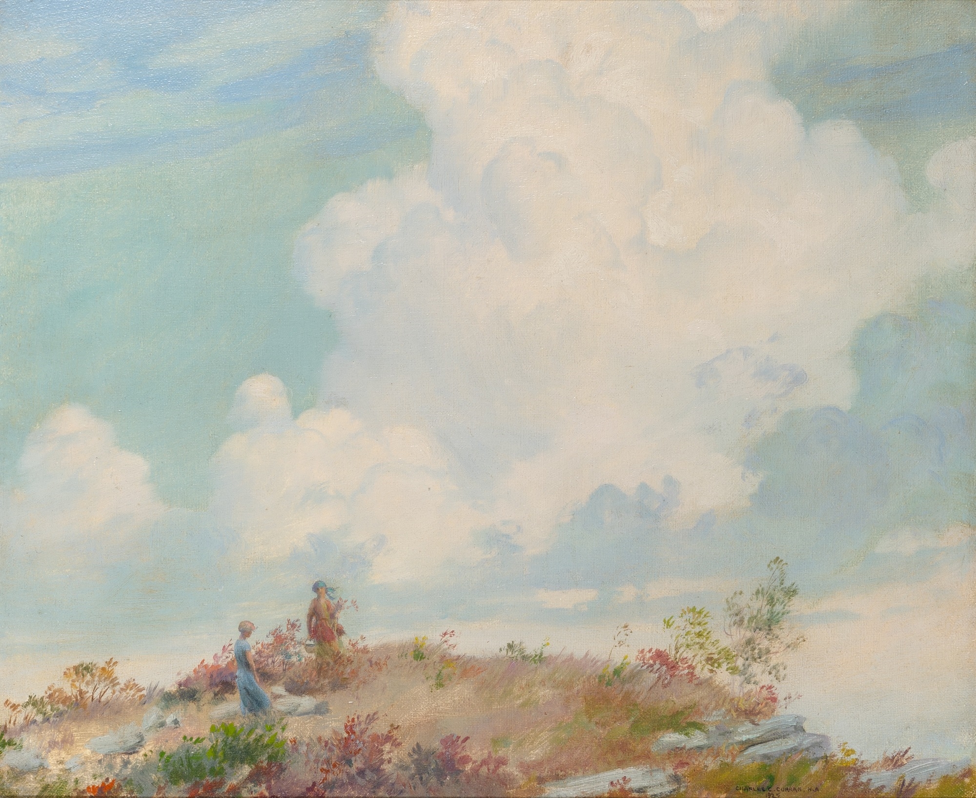 Artwork by Charles Courtney Curran, Two Ladies on the Beach, Made of Oil On Canvas Mounted To Panel