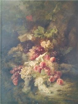 A classical still life painting featuring a lush arrangement of grapes and peaches.