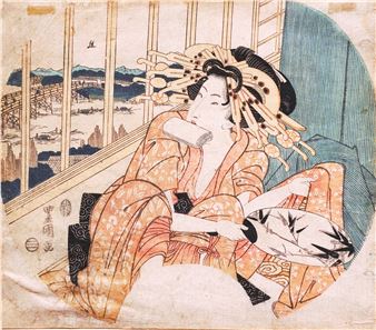 Geisha sitzend mit Fächer in der Hand - Torii Kiyonaga