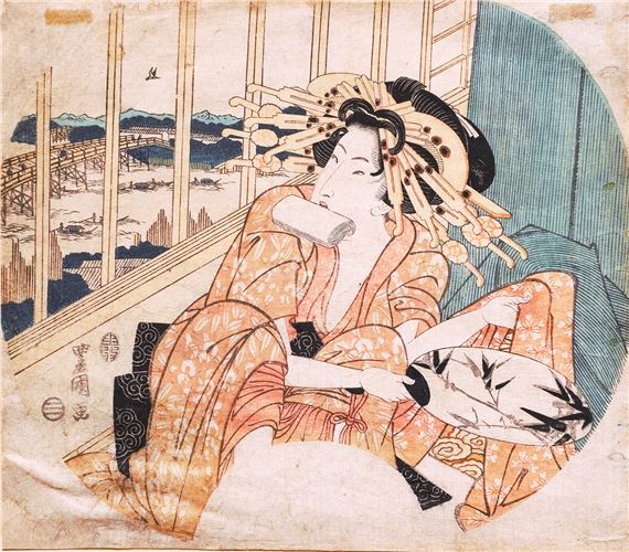 Geisha sitzend mit Fächer in der Hand - Torii Kiyonaga