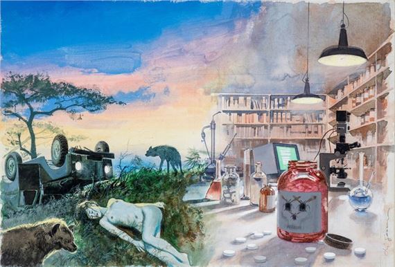 A surreal diptych merging a wild savanna scene with a sterile laboratory environment.