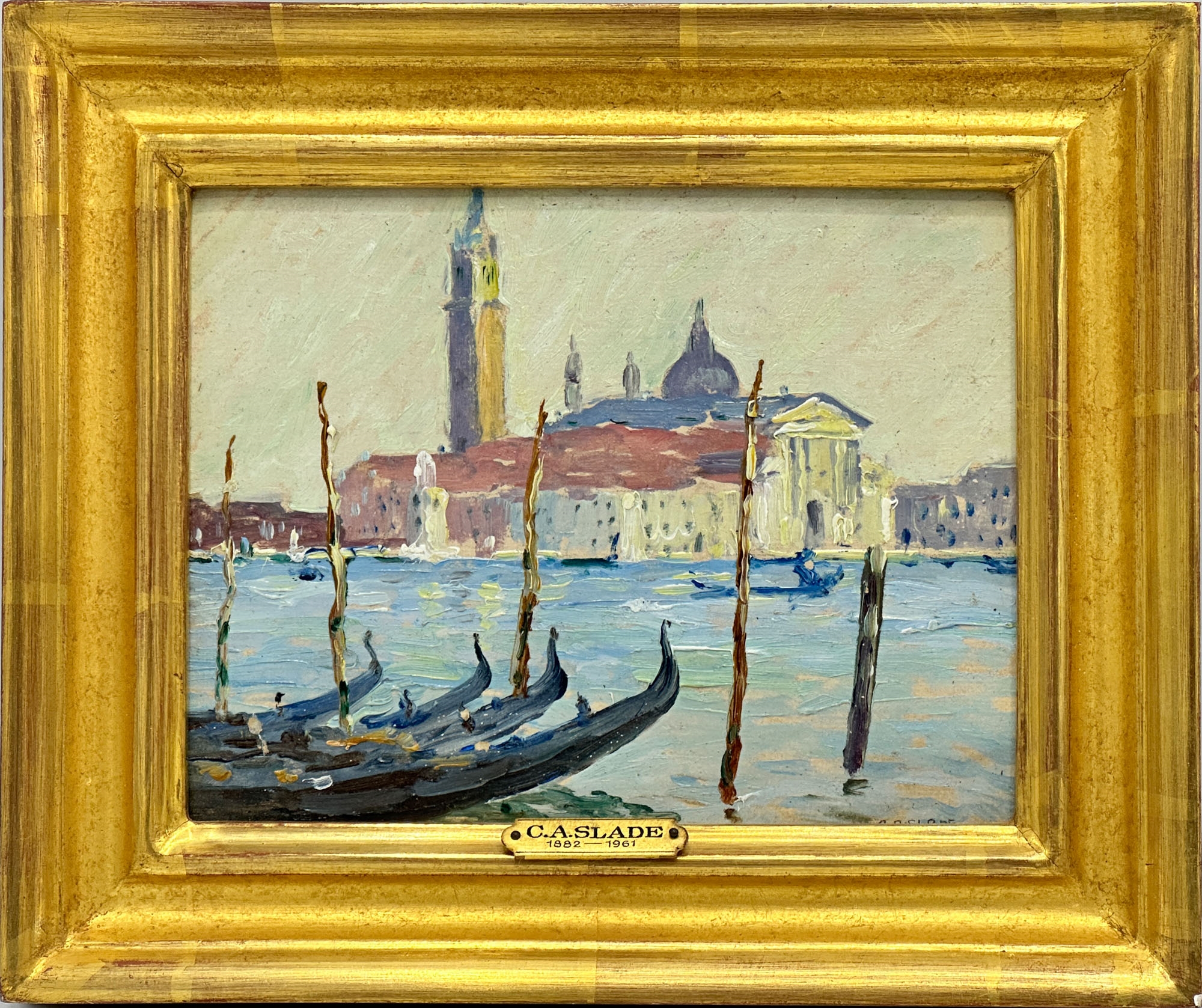 Artwork by Caleb Arnold Slade, St. Georges, Venice and Gondolas with Bell Tower, Made of Oil On Canvas And Oil On Paper Mounted On Board