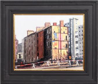 A painting of a city street with buildings in the background.
