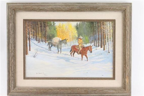 A framed painting of a winter forest scene featuring a rider on a horse and a mule.