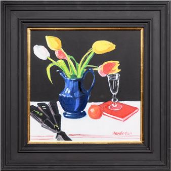 A painting of tulips in a blue vase on a table.