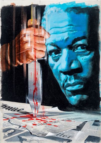 A dramatic portrait of a blue-faced figure holding a bloody knife over a newspaper.