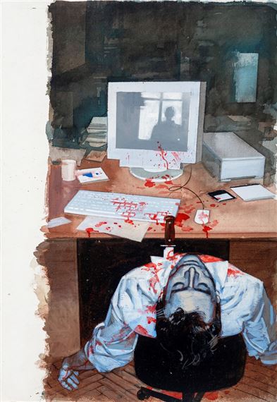 A graphic illustration of a blood-splattered office scene featuring a slumped figure and a computer screen.