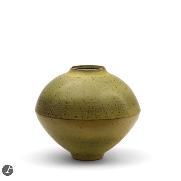 Artwork by Robert Deblander, Large vase with central ridge, Made of Light Olive Glazed Stoneware