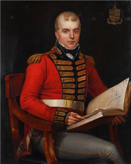 Portrait of a soldier, half- length seated, reading a book armorial - Robert Home