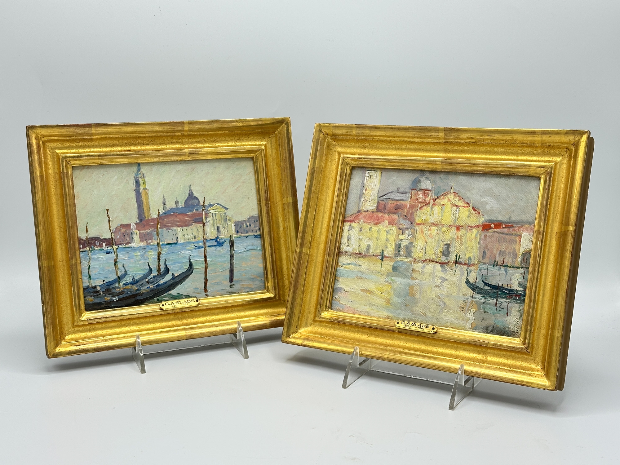 Artwork by Caleb Arnold Slade, St. Georges, Venice and Gondolas with Bell Tower, Made of Oil On Canvas And Oil On Paper Mounted On Board