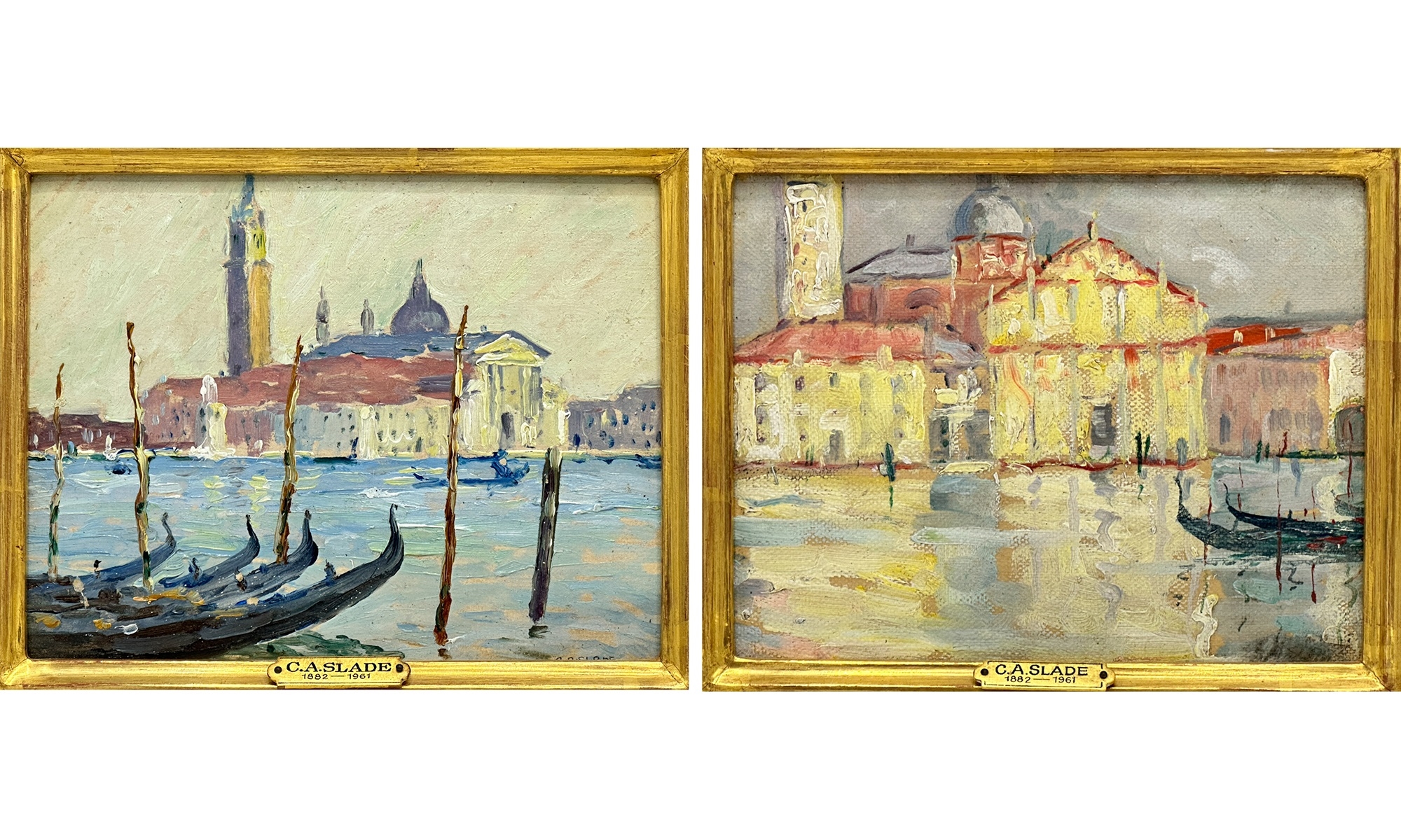 Artwork by Caleb Arnold Slade, St. Georges, Venice and Gondolas with Bell Tower, Made of Oil On Canvas And Oil On Paper Mounted On Board