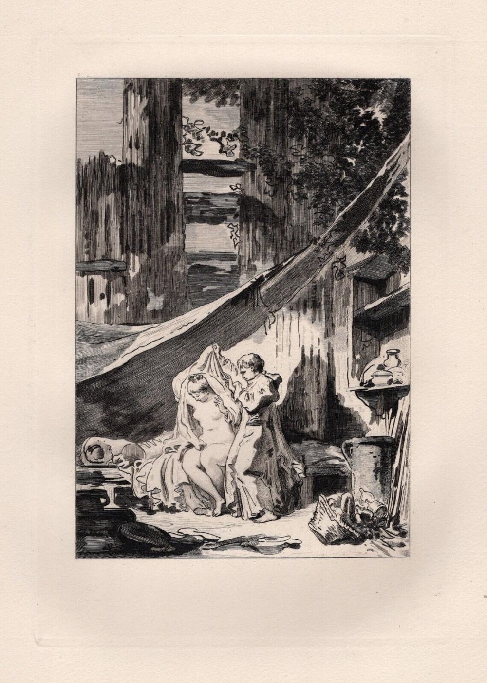 Artwork by Jean-Honoré Fragonard, THE HERMIT, Made of Antique Etching On Laid Paper