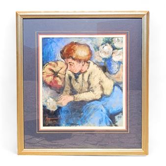 GILT WOODEN FRAMED PAINTING OF A WOMAN SITTING SIGNED BY ARTIST BEHIND GLASS SIGNED BY WELL KNOWN ARTIST HENNIE NIEMAND JUNIOR - Hennie Niemann Junior