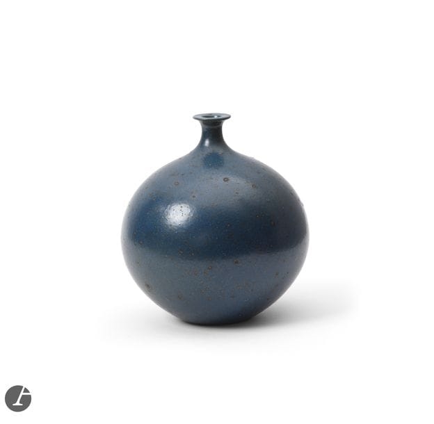 Artwork by Robert Deblander, Ball vase with soliflore neck, Made of Blue Glazed Stoneware