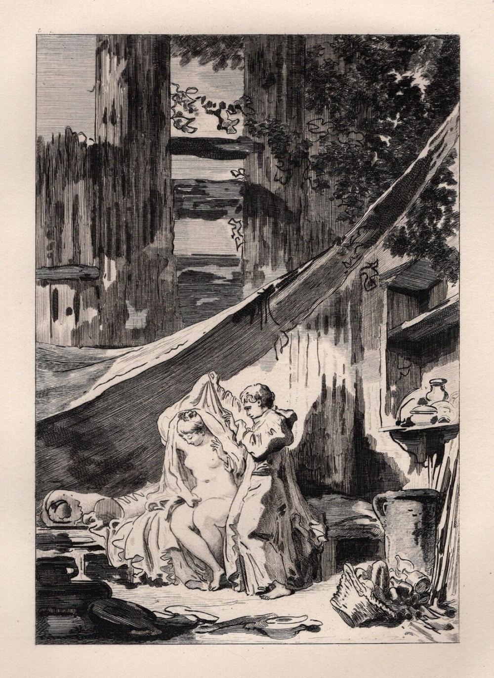 Artwork by Jean-Honoré Fragonard, THE HERMIT, Made of Antique Etching On Laid Paper