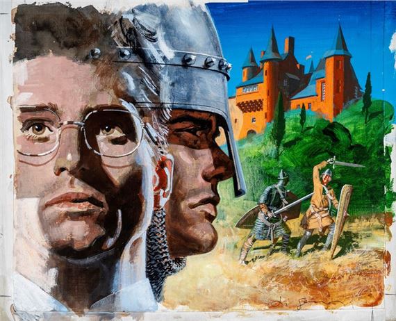 A layered portrait blending a modern figure with medieval armor and a distant castle battle scene.