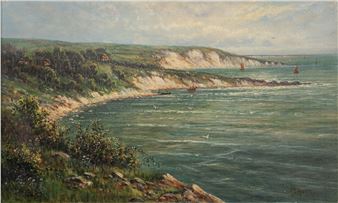 A coastal scene showing fishing boats in bays - Mabel Cansick Hider