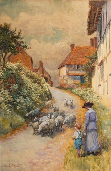 Meeting the flock on the village lane - Alfred William Strutt