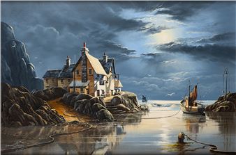 A dramatic coastal scene featuring a cluster of houses on rocky cliffs under a moody, sunlit sky.