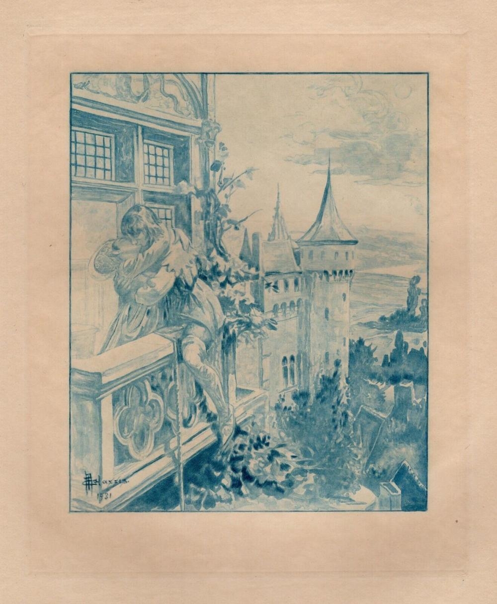 Artwork by Edmond Malassis, The Embrace, Made of Copper Plate Engraving In Blue Ink On Velin Paper