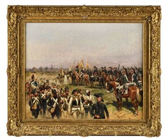 A historical battle scene depicting a large group of soldiers marching across an open field.