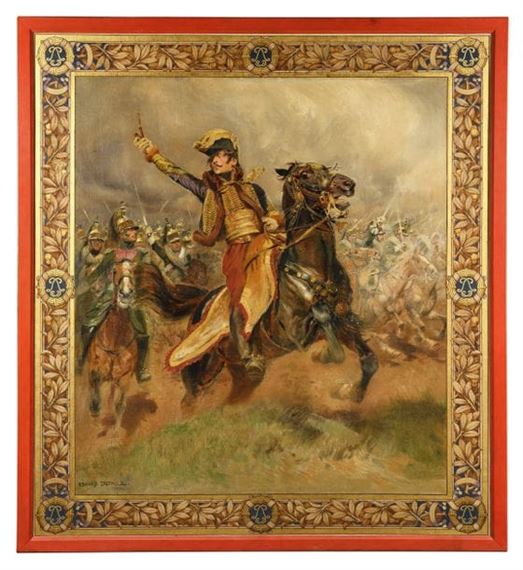 A dramatic battle scene featuring a central figure on horseback amidst a chaotic battlefield.