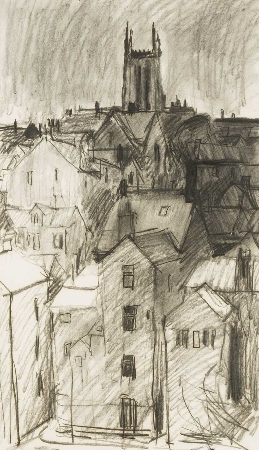 Artwork by Jack Shore, buildings with a large cathedral at the centre, Made of Charcoal On Paper
