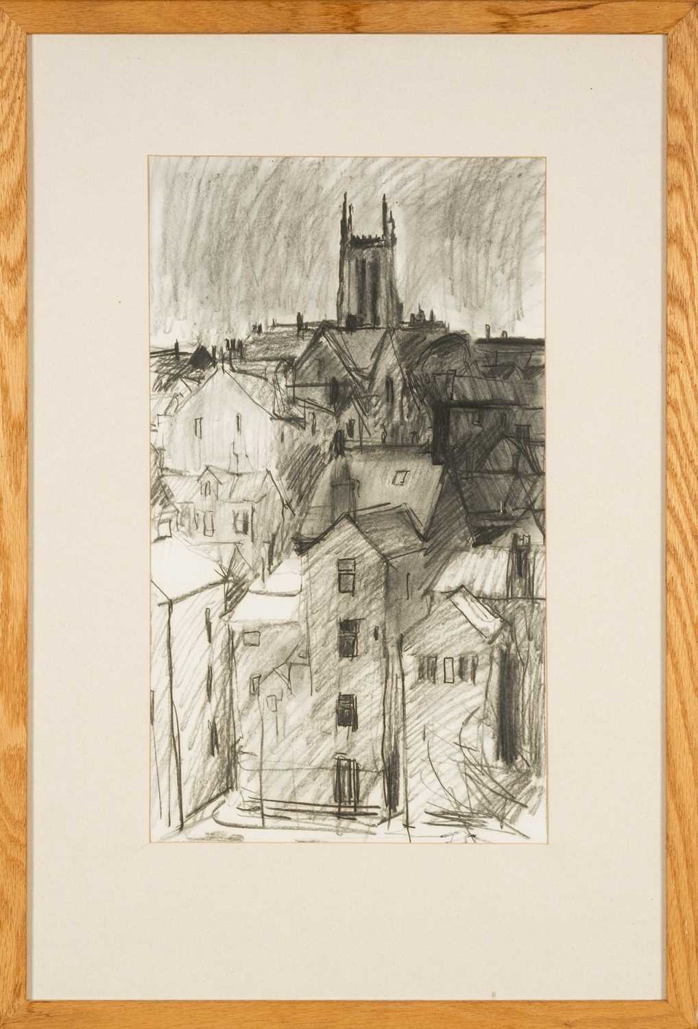 Artwork by Jack Shore, buildings with a large cathedral at the centre, Made of Charcoal On Paper