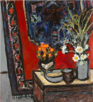 still life with two vases of flowers and bowls on a table - Jack Shore