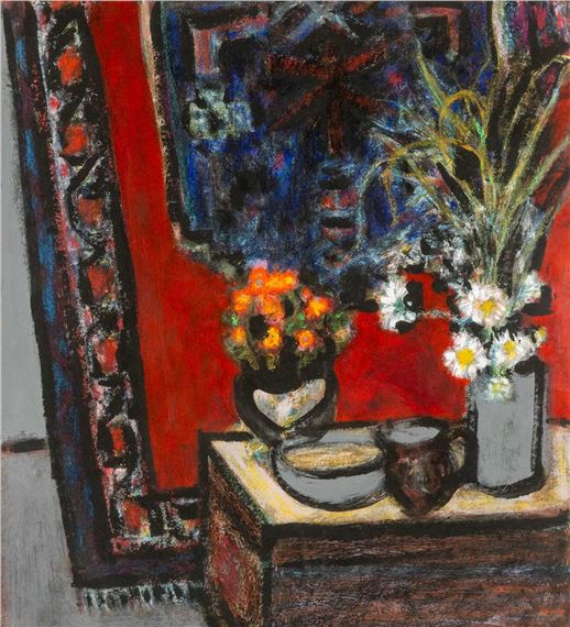 still life with two vases of flowers and bowls on a table