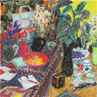 still life with vases of flowers, bowls of fruit and books - Jack Shore