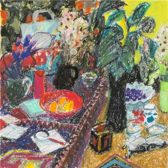 still life with vases of flowers, bowls of fruit and books