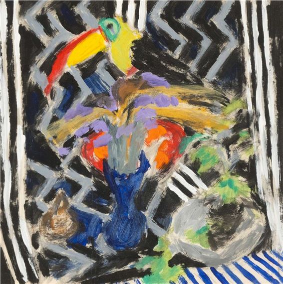 still life with a vase of flowers and a toucan