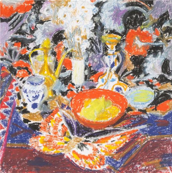 still life with vases, bowls of fruit and a butterfly
