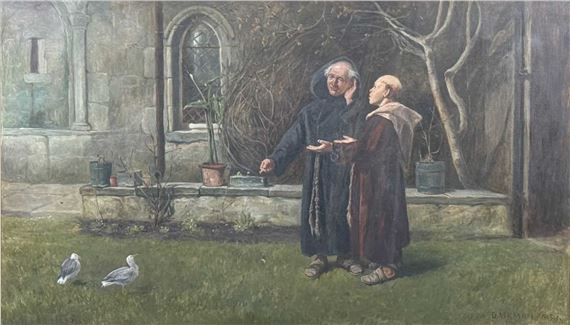 A quiet outdoor scene featuring two robed figures in conversation near a stone building with pigeons on the grass.