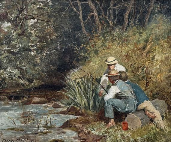 three young boys fishing by Charles Edward Roe, 1878