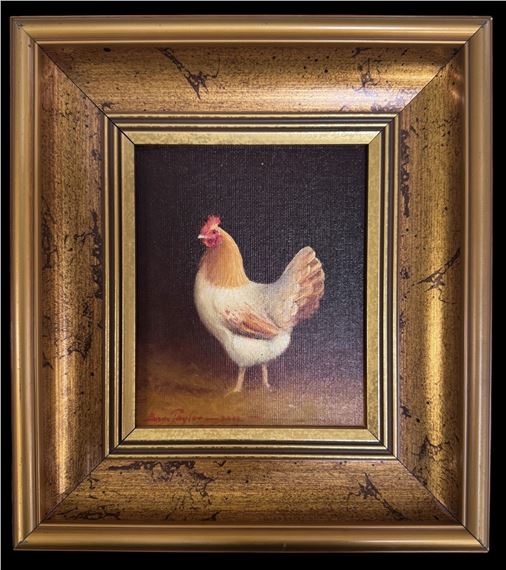 A framed oil painting of a rooster standing against a dark background.