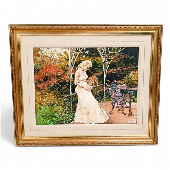 BEAUTIFUL CARVED GILT FRAMED OIL PAINTING OF A VICTORIAN LADY STANDING AGAINST A BALUSTER IN A GARDEN WITH A CAT by Liz Gray