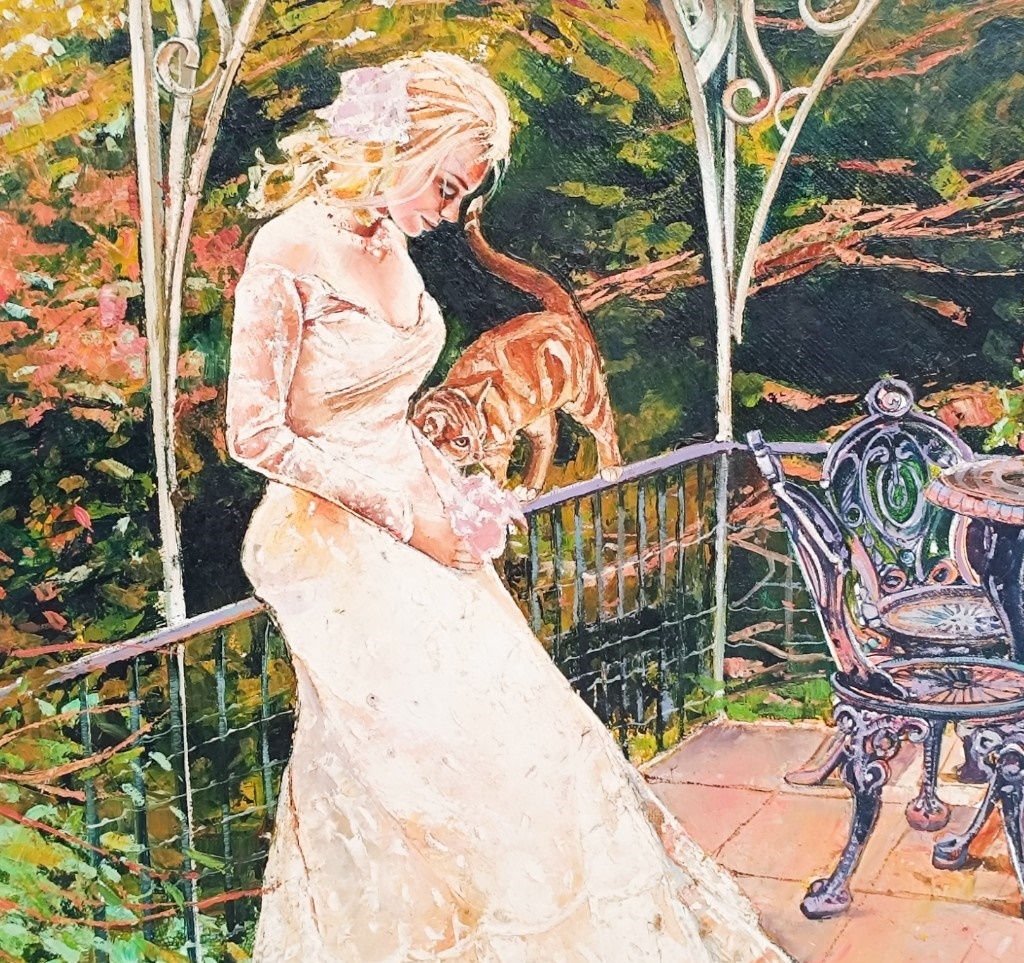 Artwork by Liz Gray, BEAUTIFUL CARVED GILT FRAMED OIL PAINTING OF A VICTORIAN LADY STANDING AGAINST A BALUSTER IN A GARDEN WITH A CAT, Made of Oil Painting
