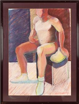 A pastel study of a seated nude figure in warm tones.