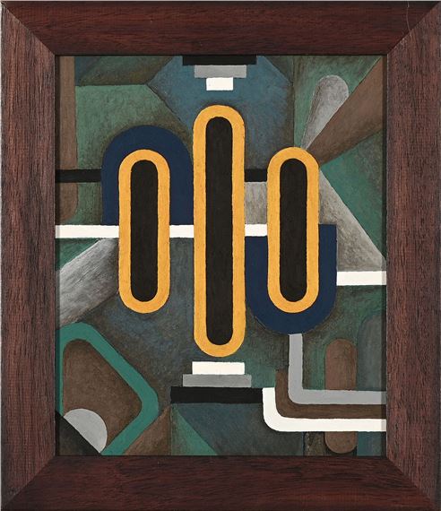 A geometric composition featuring three vertical yellow shapes against a muted green and blue background.