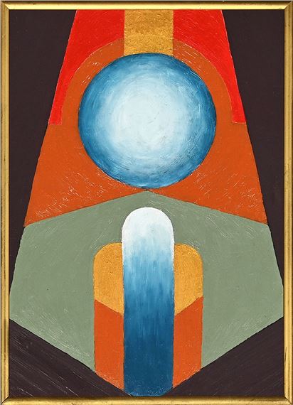A geometric composition featuring a blue sphere and a stylized pillar against a multi-colored background.