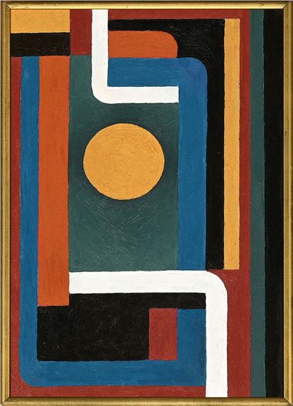 A geometric composition featuring a central yellow circle surrounded by layered rectangular forms in blue, red, and black.