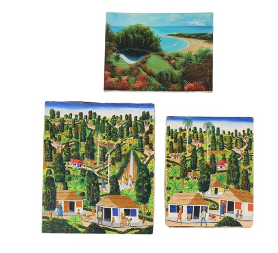 Three Haitian Folk Art Landscape Scene Paintings